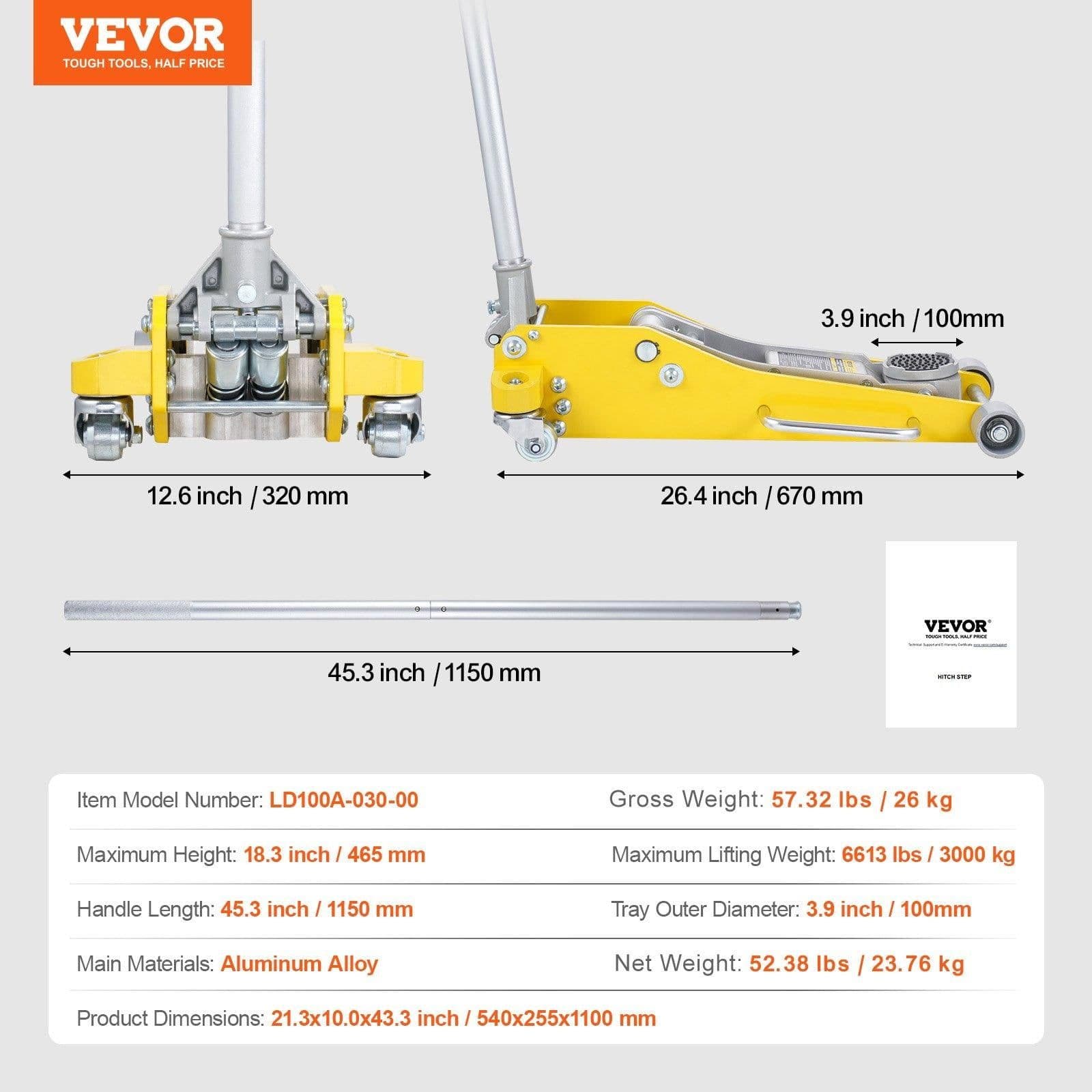 image-VEVOR Low Profile Floor Jack 3 Ton (6600 lbs), Heavy Duty Aluminum Hydraulic Racing Floor Jack, Hydraulic Car Jack, Dual Piston Quick Lift Pump, 3.7"-18.3" Height Lifting Range (Yellow)