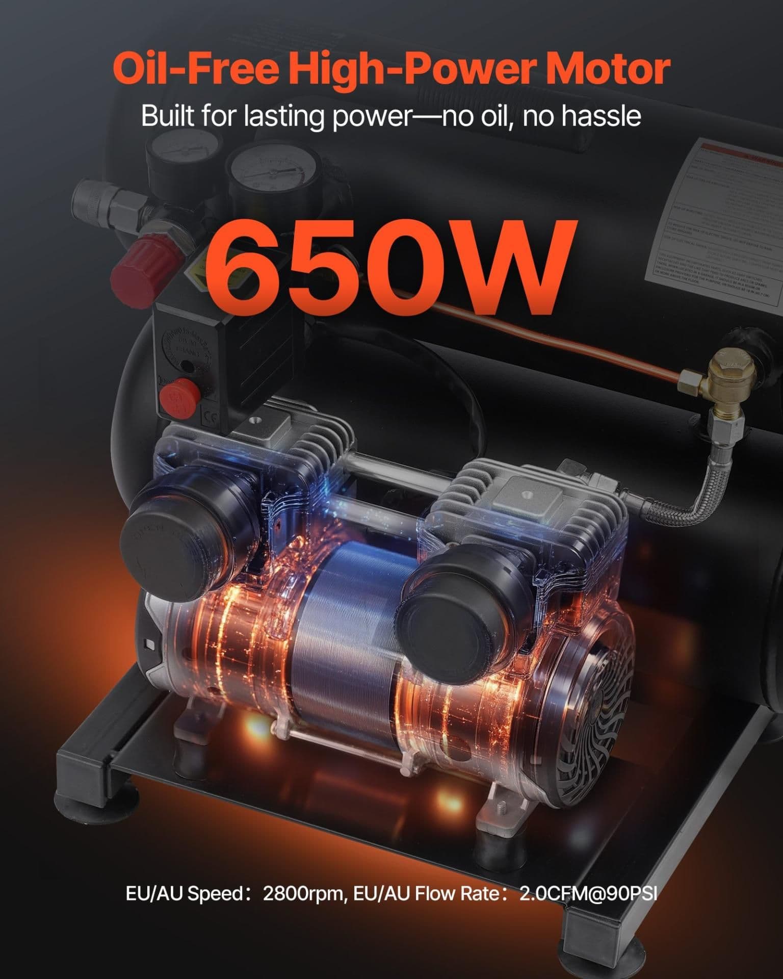 image-VEVOR Air Compressor, 4.6 Gallon Steel Tank, 1HP 2.2 CFM@90 PSI Oil Free Air Compressor & Max. 120PSI Pressure, 80dB Ultra Quiet Portable Compressor, for Auto Repair, Tire Inflation, Spray Painting