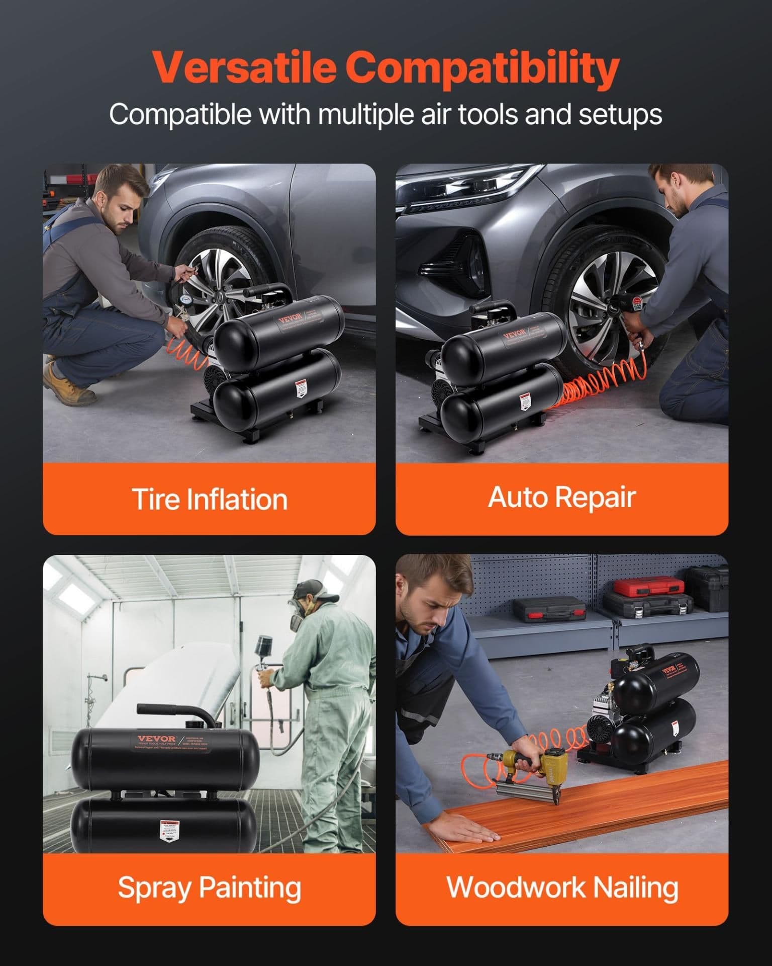 image-VEVOR Air Compressor, 4.6 Gallon Steel Tank, 1HP 2.2 CFM@90 PSI Oil Free Air Compressor & Max. 120PSI Pressure, 80dB Ultra Quiet Portable Compressor, for Auto Repair, Tire Inflation, Spray Painting