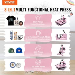 image-VEVOR Heat Press Machine, 15 x 15 inch, 8 in 1 Heat Transfer Machine with 6-30 oz Tumbler Press, 360° Swing Away T-Shirt Pressing, Digital Precise Control, for T-Shirts/Mugs/Hats/Plates, Pink