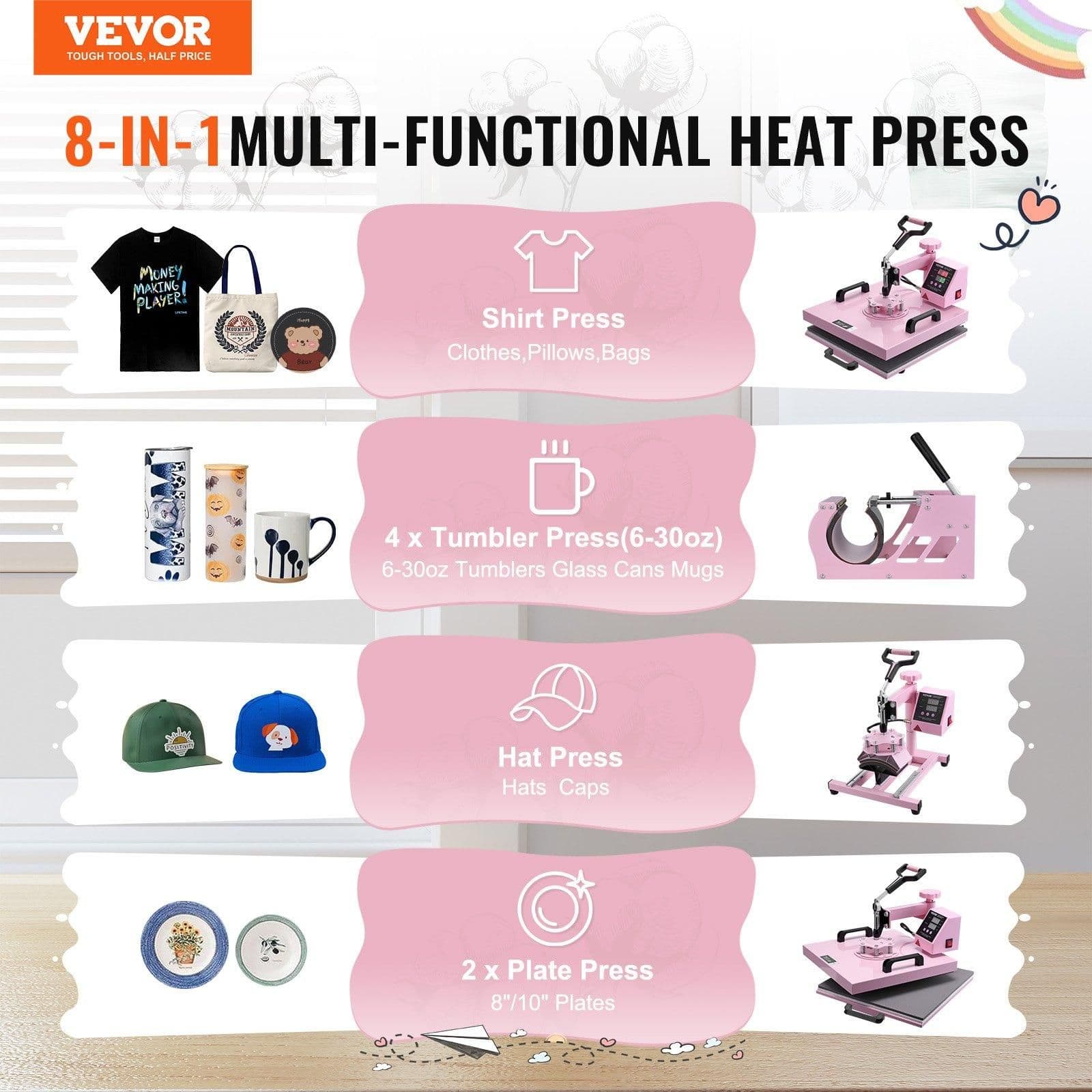 image-VEVOR Heat Press Machine, 15 x 15 inch, 8 in 1 Heat Transfer Machine with 6-30 oz Tumbler Press, 360° Swing Away T-Shirt Pressing, Digital Precise Control, for T-Shirts/Mugs/Hats/Plates, Pink
