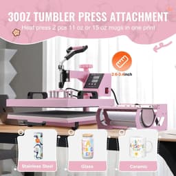 image-VEVOR Heat Press Machine, 15 x 15 inch, 8 in 1 Heat Transfer Machine with 6-30 oz Tumbler Press, 360° Swing Away T-Shirt Pressing, Digital Precise Control, for T-Shirts/Mugs/Hats/Plates, Pink