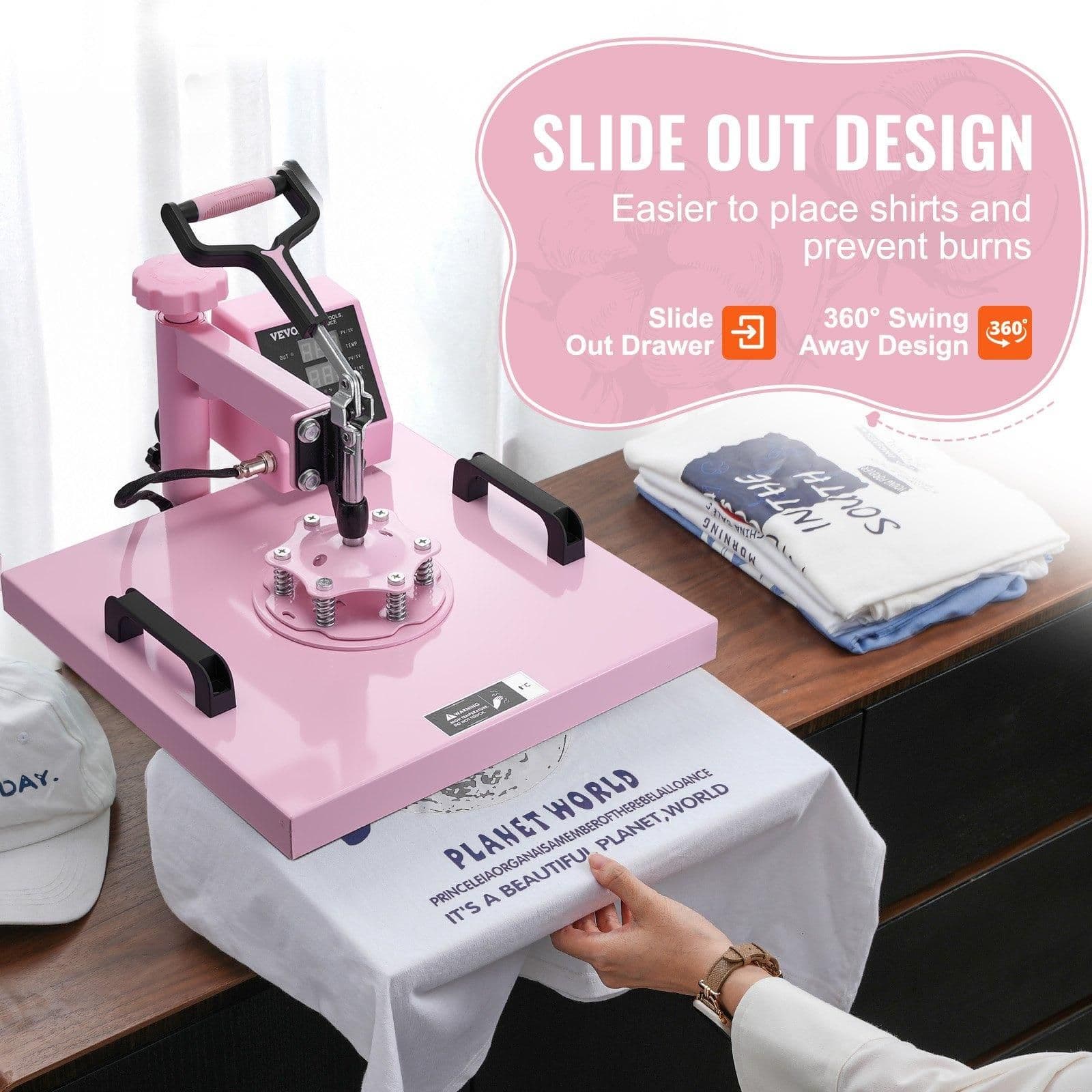 image-VEVOR Heat Press Machine, 15 x 15 inch, 8 in 1 Heat Transfer Machine with 6-30 oz Tumbler Press, 360° Swing Away T-Shirt Pressing, Digital Precise Control, for T-Shirts/Mugs/Hats/Plates, Pink