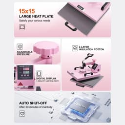 image-VEVOR Heat Press Machine, 15 x 15 inch, 8 in 1 Heat Transfer Machine with 6-30 oz Tumbler Press, 360° Swing Away T-Shirt Pressing, Digital Precise Control, for T-Shirts/Mugs/Hats/Plates, Pink