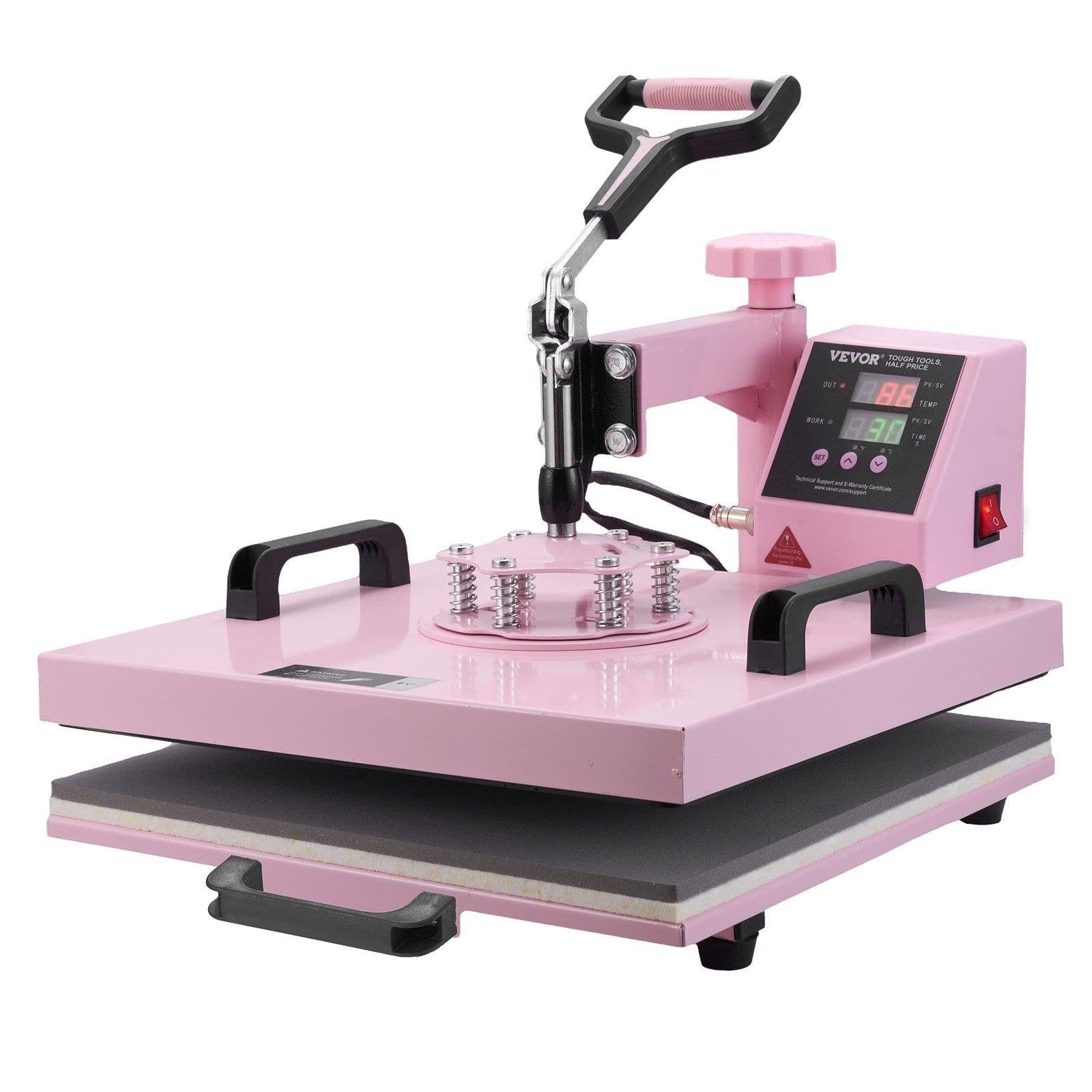 image-VEVOR Heat Press Machine, 15 x 15 inch, 8 in 1 Heat Transfer Machine with 6-30 oz Tumbler Press, 360° Swing Away T-Shirt Pressing, Digital Precise Control, for T-Shirts/Mugs/Hats/Plates, Pink