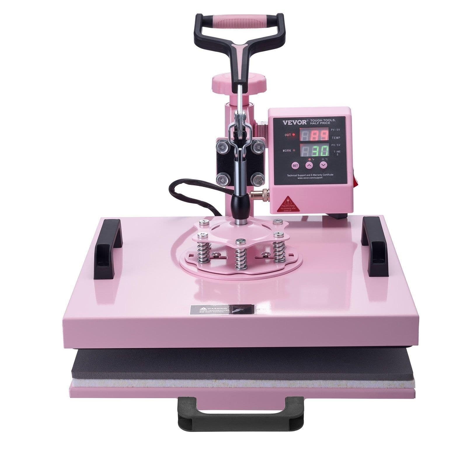 image-VEVOR Heat Press Machine, 15 x 15 inch, 8 in 1 Heat Transfer Machine with 6-30 oz Tumbler Press, 360° Swing Away T-Shirt Pressing, Digital Precise Control, for T-Shirts/Mugs/Hats/Plates, Pink