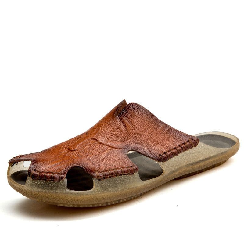 image-Men's Leather Sandals - Red Brown Beach Style Size 48