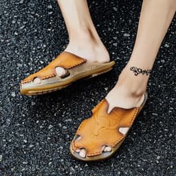 image-Men's Leather Sandals - Red Brown Beach Style Size 48