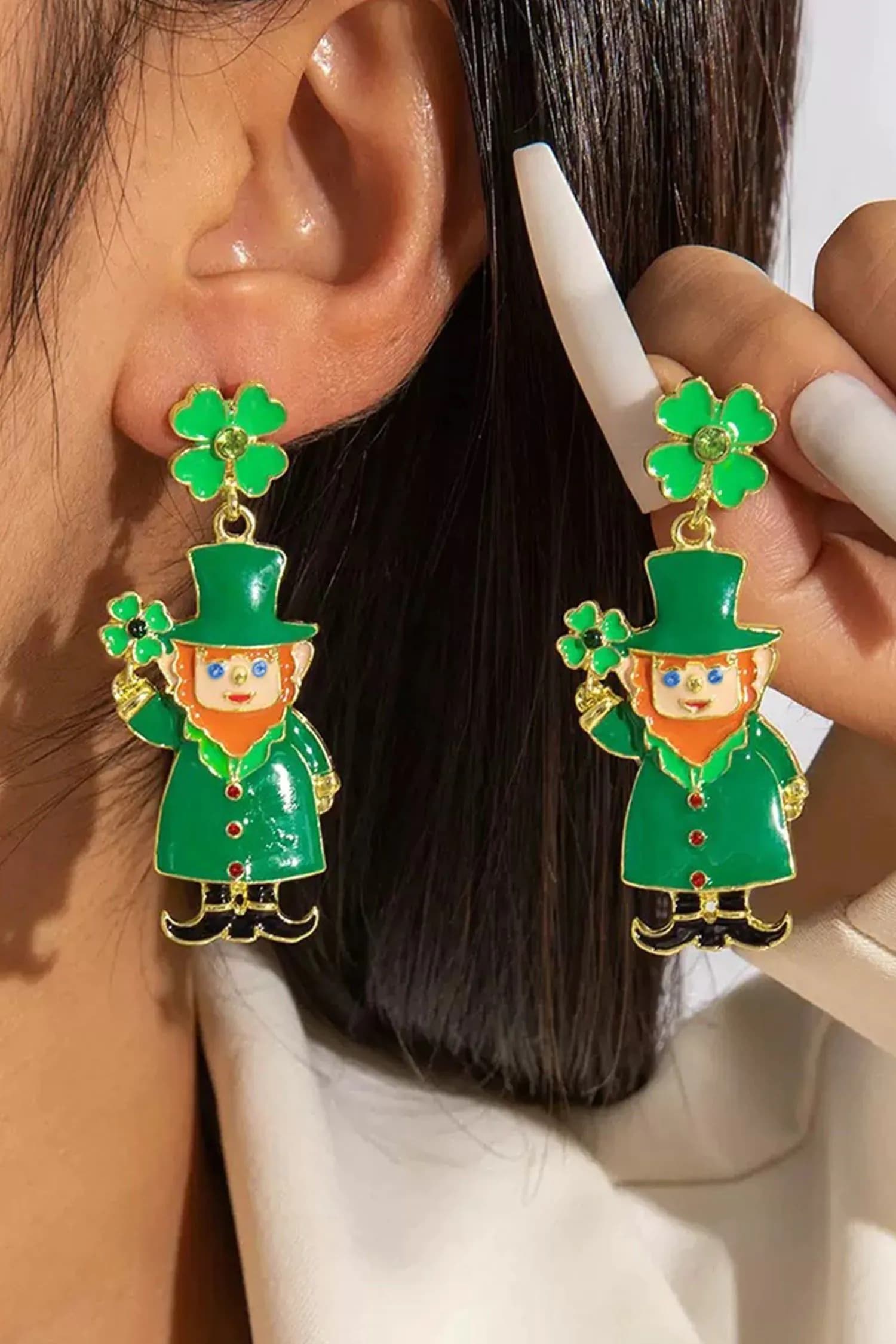 image-Dark Green St Patricks Day Enameled Leprechaun Drop Earrings