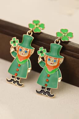 image-Dark Green St Patricks Day Enameled Leprechaun Drop Earrings