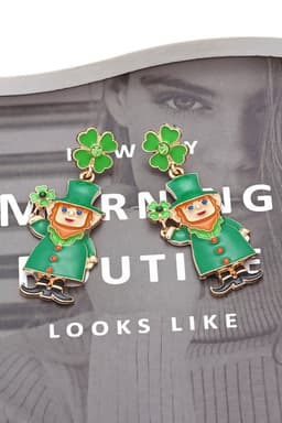 image-Dark Green St Patricks Day Enameled Leprechaun Drop Earrings