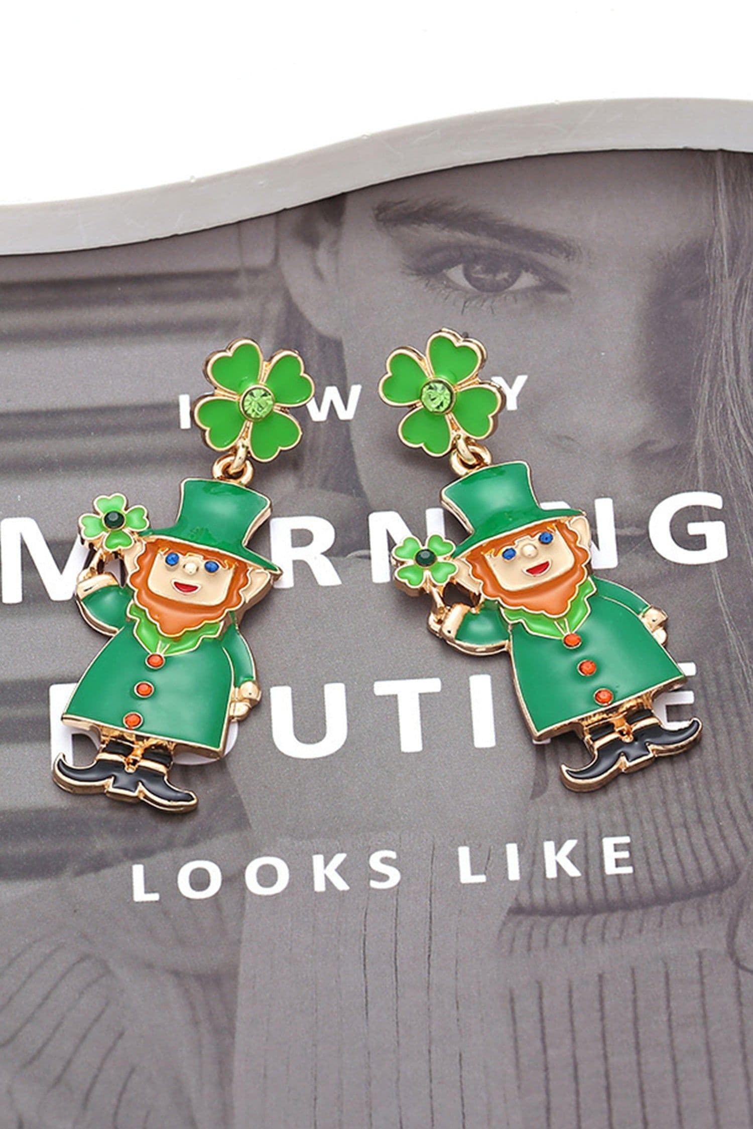 image-Dark Green St Patricks Day Enameled Leprechaun Drop Earrings