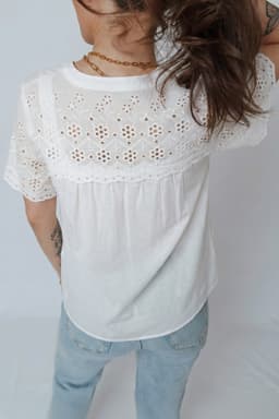 image-White Flower Eyelet Embroidered Patchwork Sheer Short Sleeve Shirt