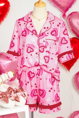 image-Pink Sweet Heart Cake Print Contrast Ruffle Trim Valentines 2pcs Pajama Set