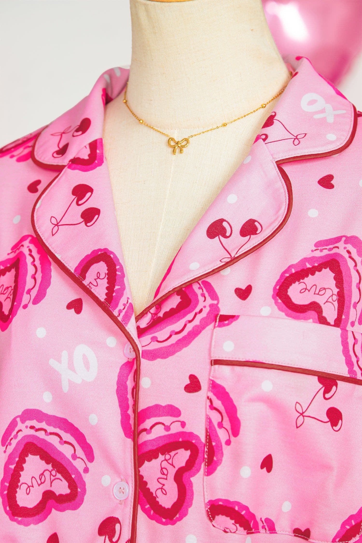 image-Pink Sweet Heart Cake Print Contrast Ruffle Trim Valentines 2pcs Pajama Set