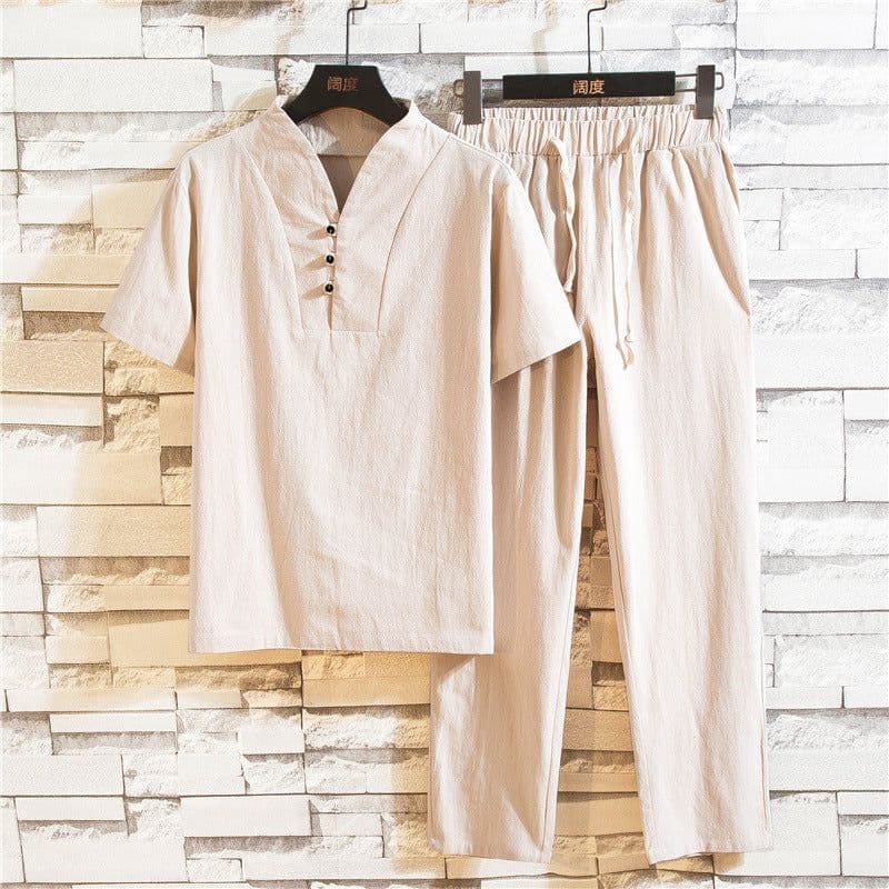 image-Chinese style 2022 summer linen suit men's cotton and linen short-sleeved T-shirt large size 9 points library pants suit