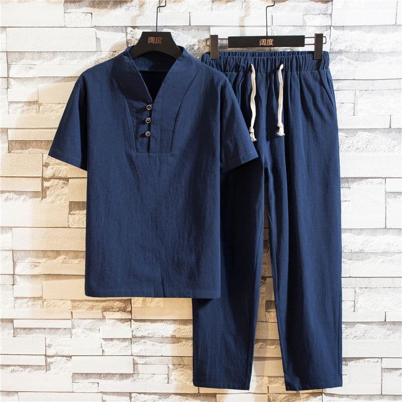 image-Chinese style 2022 summer linen suit men's cotton and linen short-sleeved T-shirt large size 9 points library pants suit