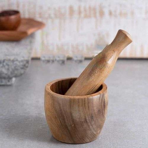 image-Handcrafted Wooden Mortar & Pestle – Acacia & Palm Spice Grinder