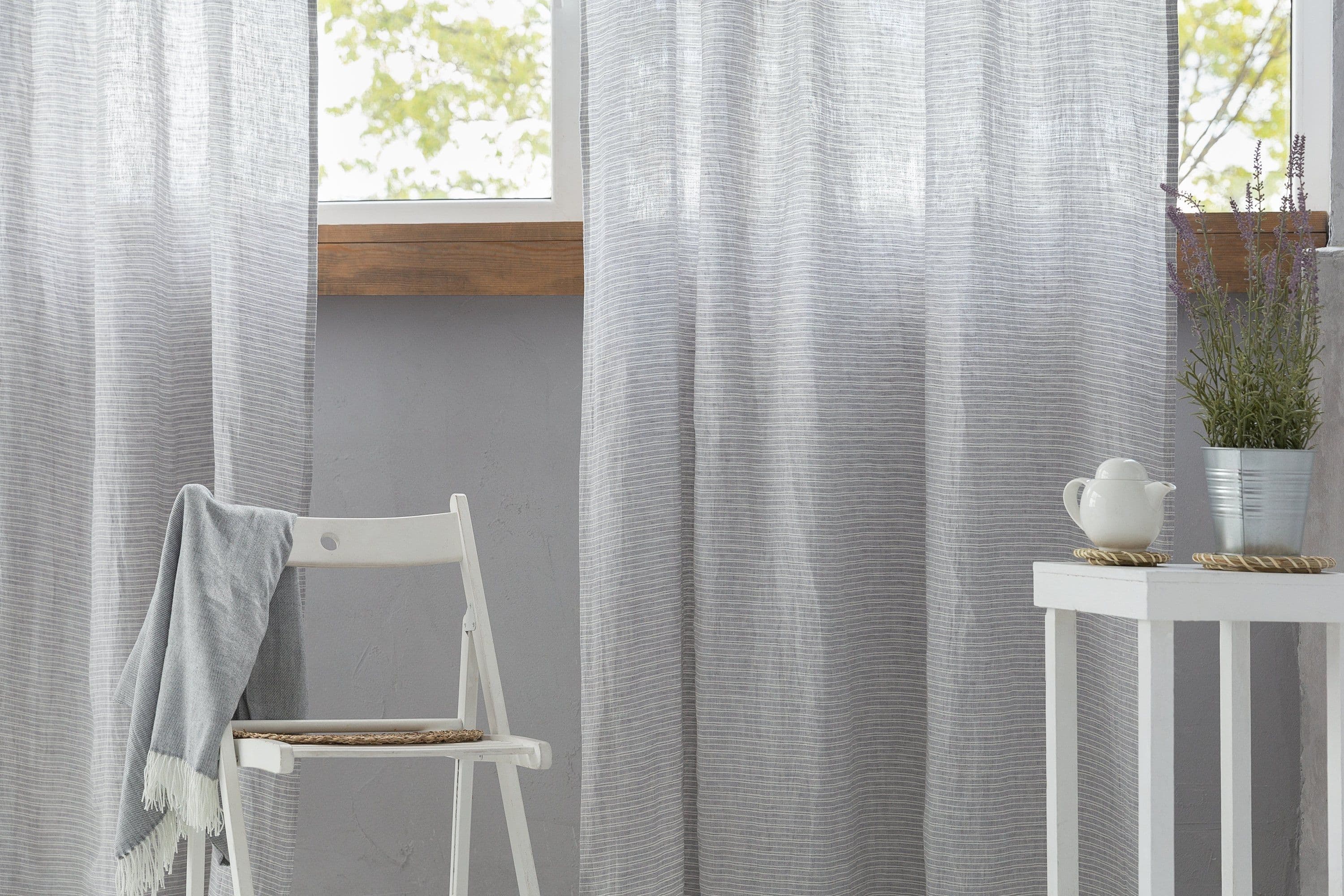 image-Cloudy Grey Stripe linen curtain with pleating tape and crown