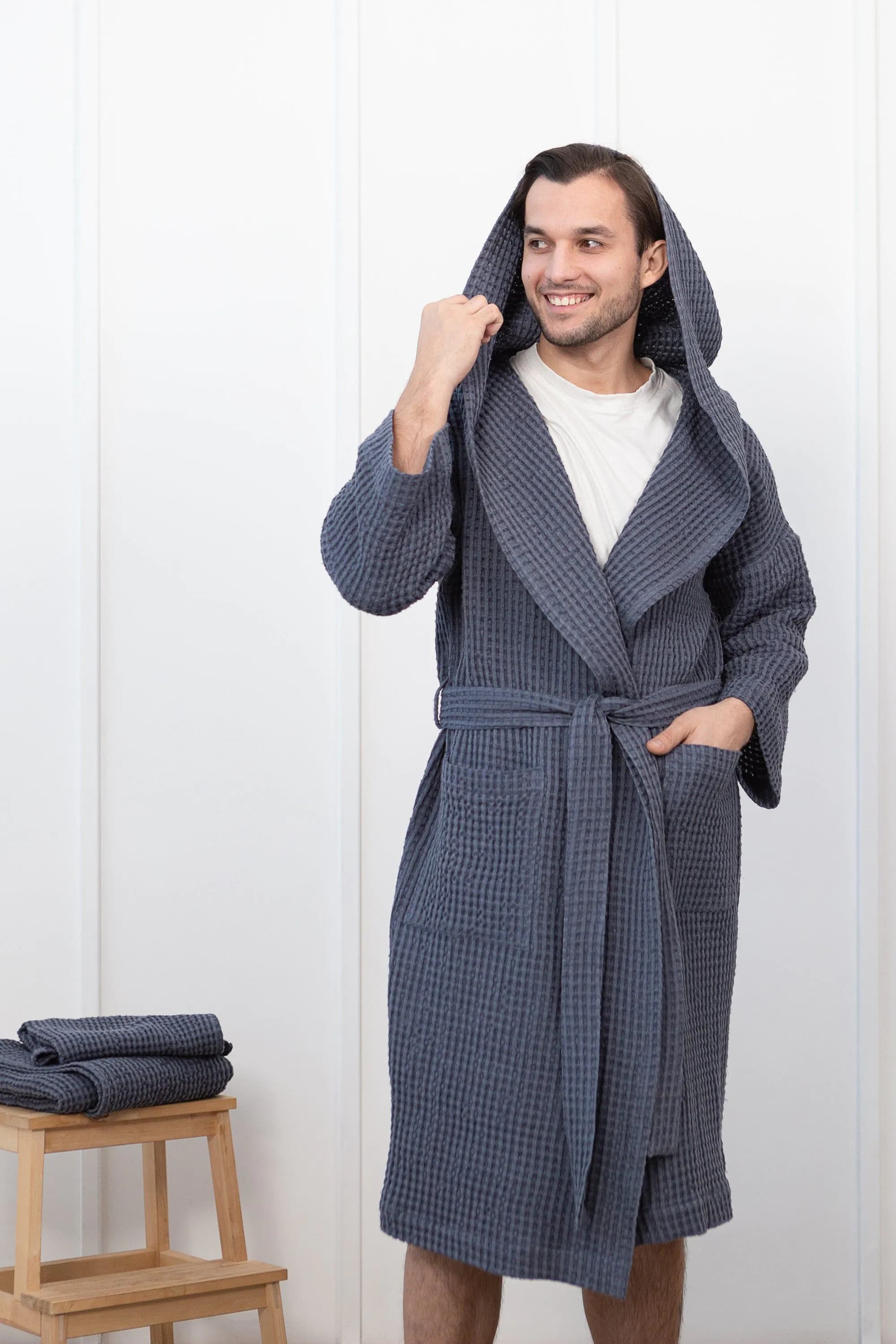 image-Asphalt Grey linen waffle robe with hoodie for men