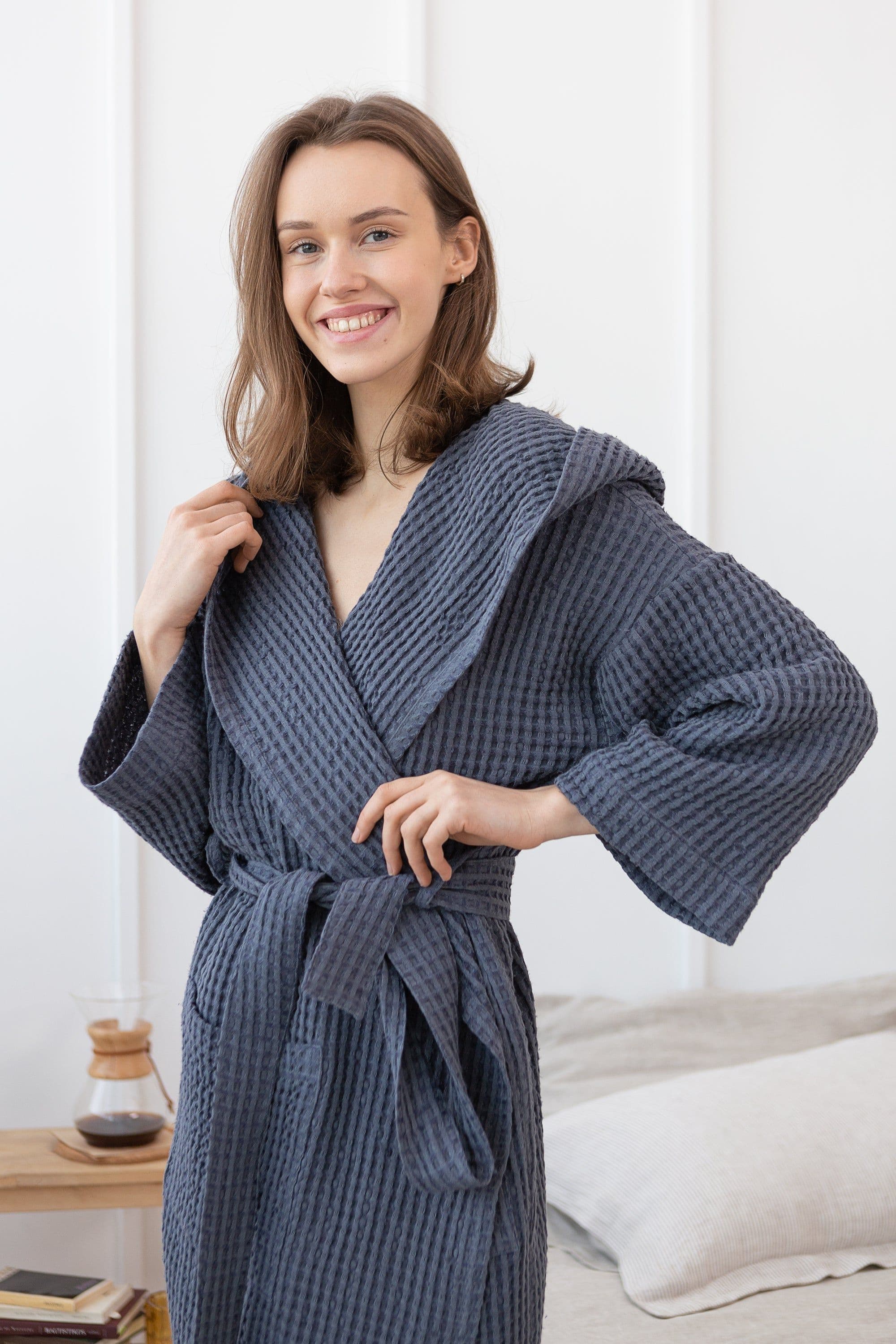 image-Asphalt Grey linen waffle robe with hoodie for men