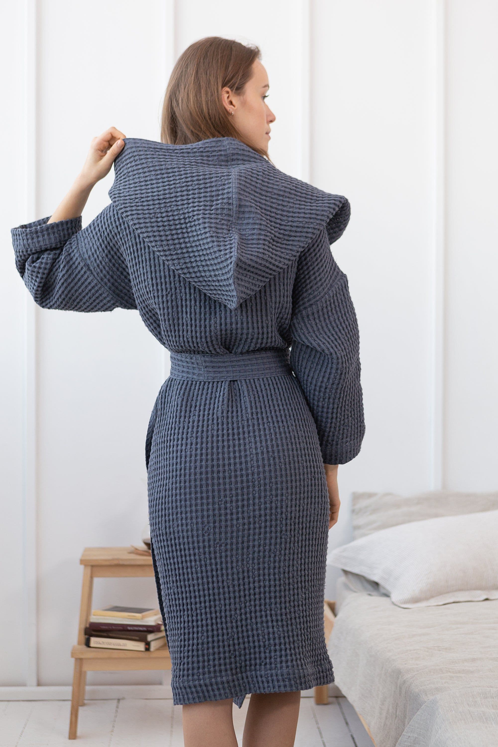 image-Asphalt Grey linen waffle robe with hoodie for men