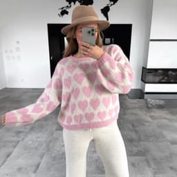 image-Heart Jacquard Color Contrast Short Knitted Valentine's Day Sweater