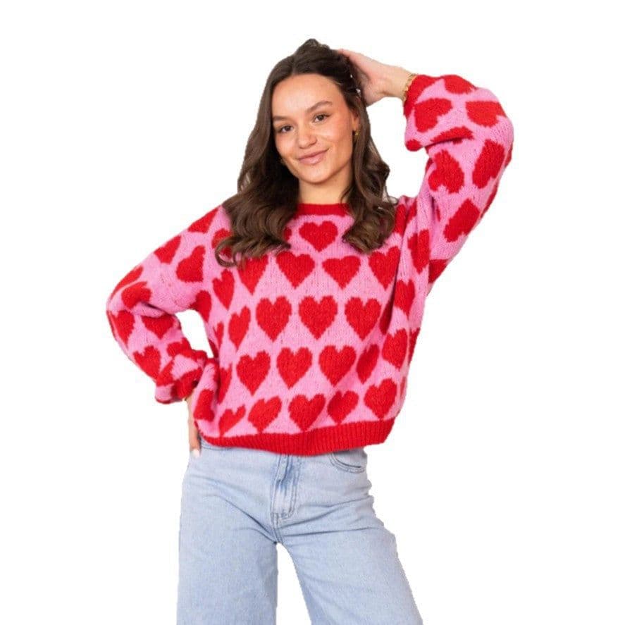 image-Heart Jacquard Color Contrast Short Knitted Valentine's Day Sweater