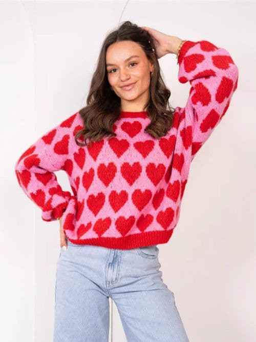image-Heart Jacquard Color Contrast Short Knitted Valentine's Day Sweater