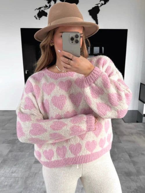 image-Heart Jacquard Color Contrast Short Knitted Valentine's Day Sweater