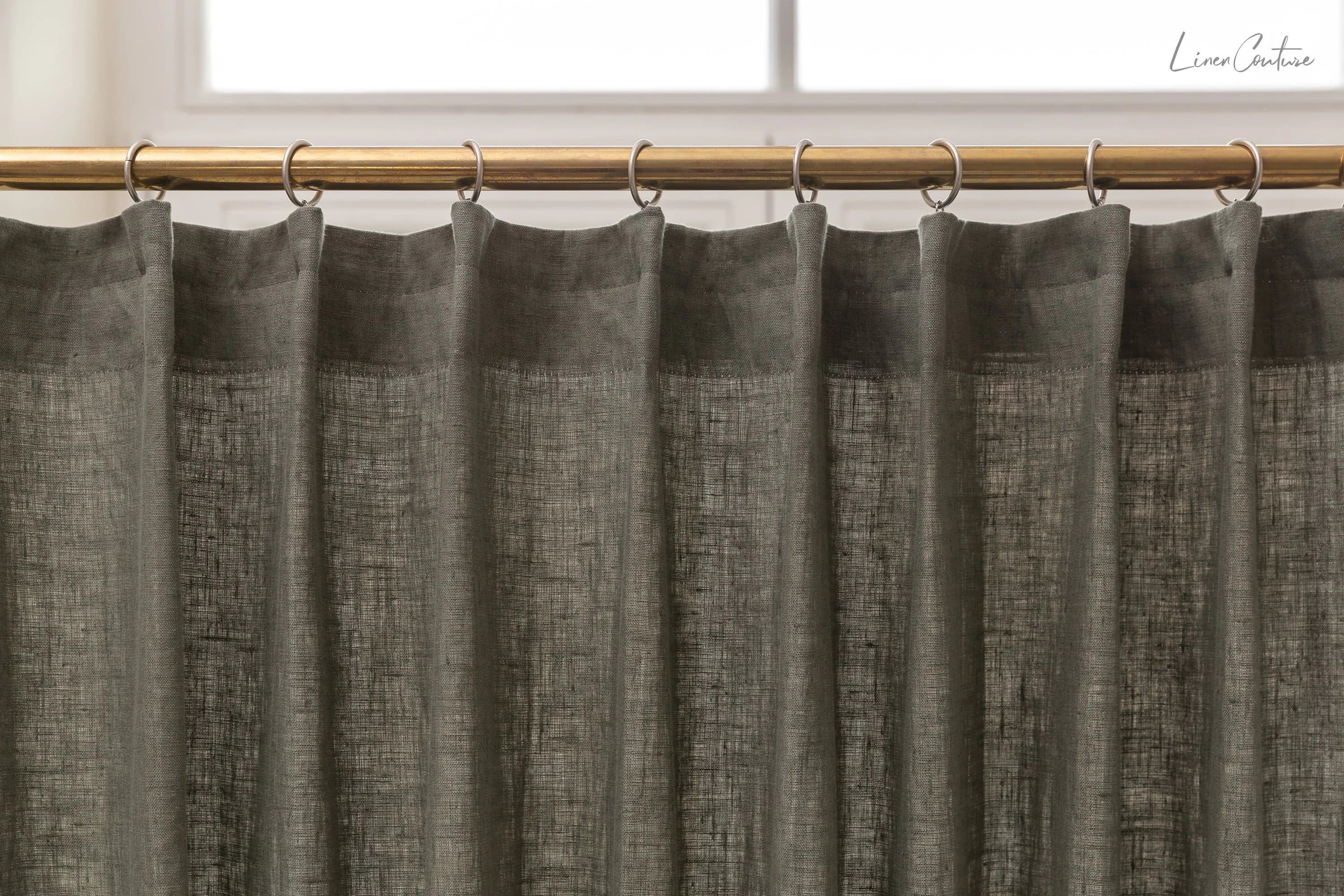 image-Linen curtain with pleating tape and crown in Safari green