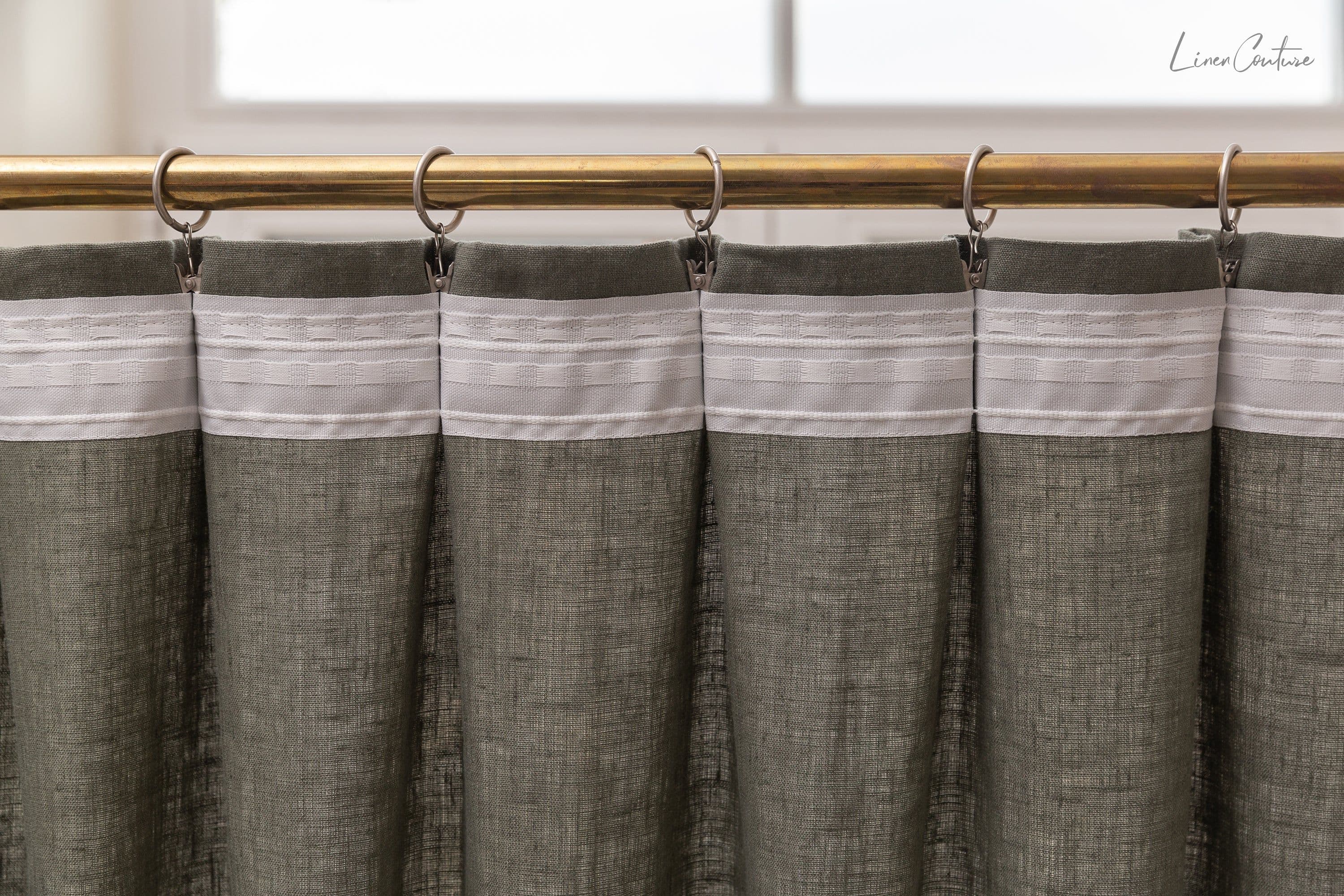 image-Linen curtain with pleating tape and crown in Safari green