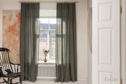image-Linen curtain with pleating tape and crown in Safari green