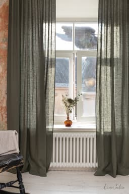 image-Linen curtain with pleating tape and crown in Safari green