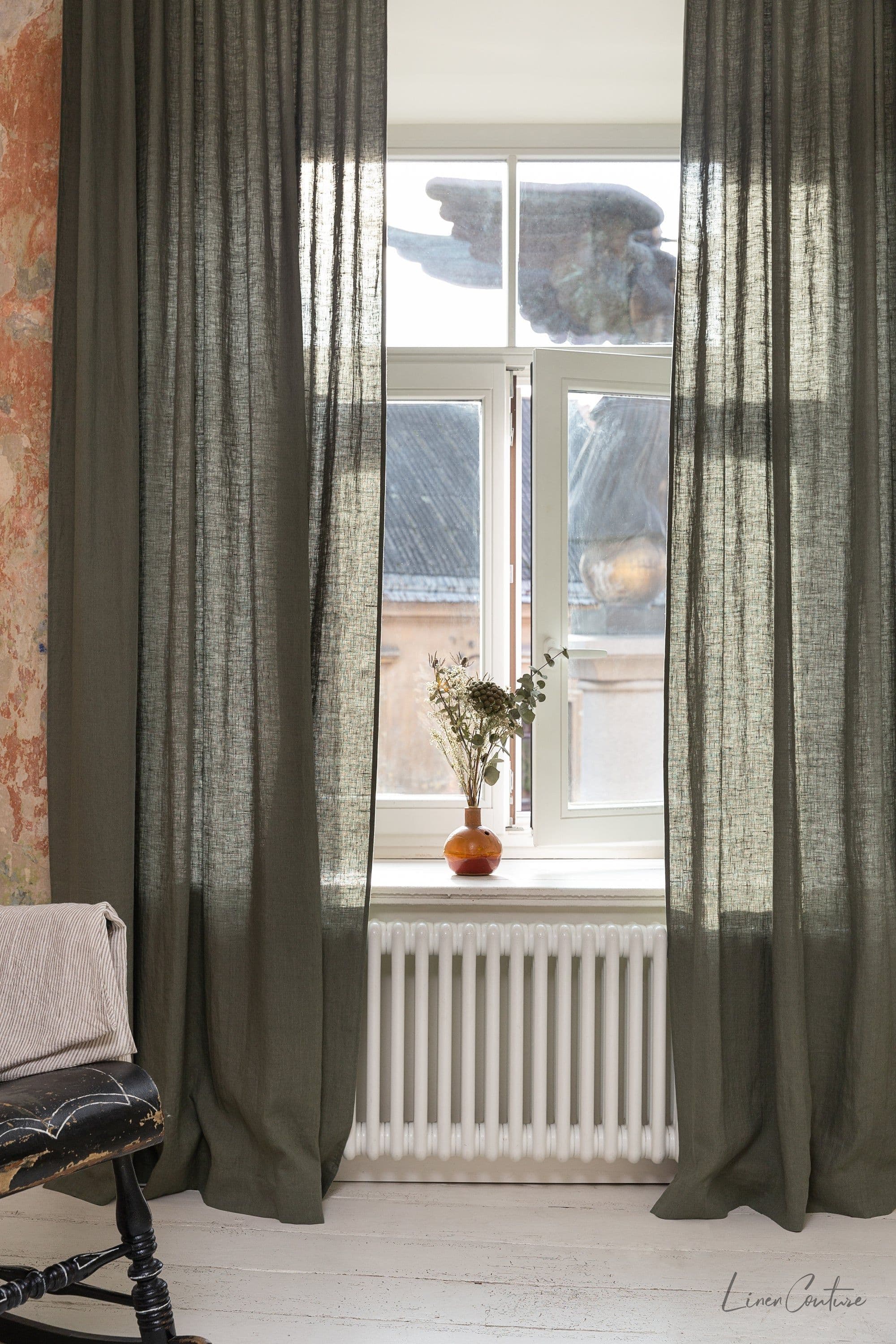 image-Linen curtain with pleating tape and crown in Safari green