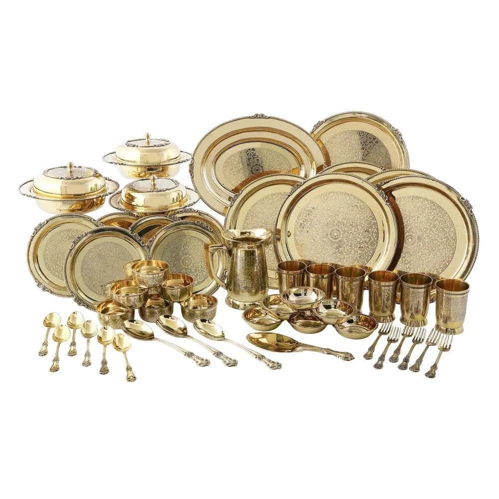 image-Royal Brass Hammered Dinner Set for 6 (51 Pcs) – 14kg Luxury Ayurvedic
