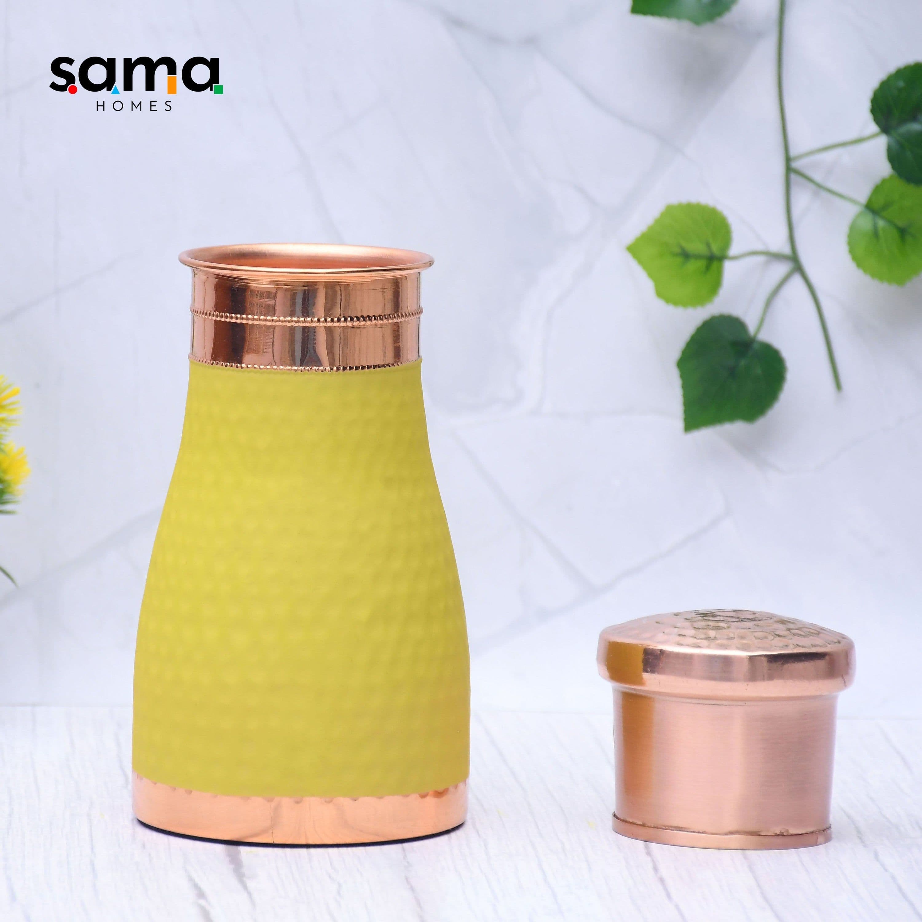 image-Pure Copper Silk Yellow Bedside Jar with Inbuilt Glass Capacity 1000ML
