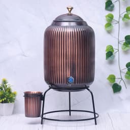 image-Pure Copper Water Dispenser with Glass & Stand – Antique Rope Design