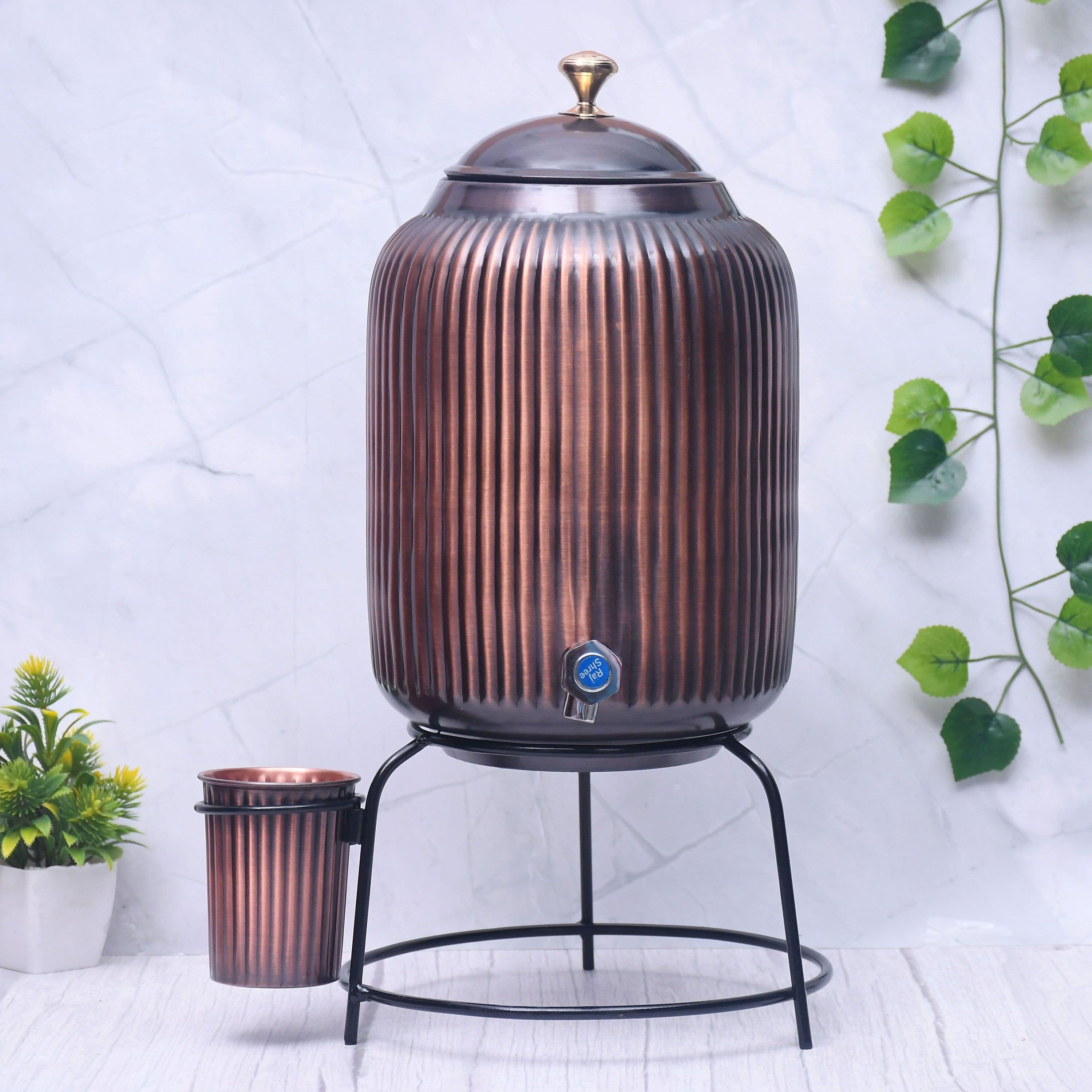 image-Pure Copper Water Dispenser with Glass & Stand – Antique Rope Design