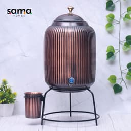 image-Pure Copper Water Dispenser with Glass & Stand – Antique Rope Design
