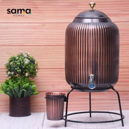 image-Pure Copper Water Dispenser with Glass & Stand – Antique Rope Design