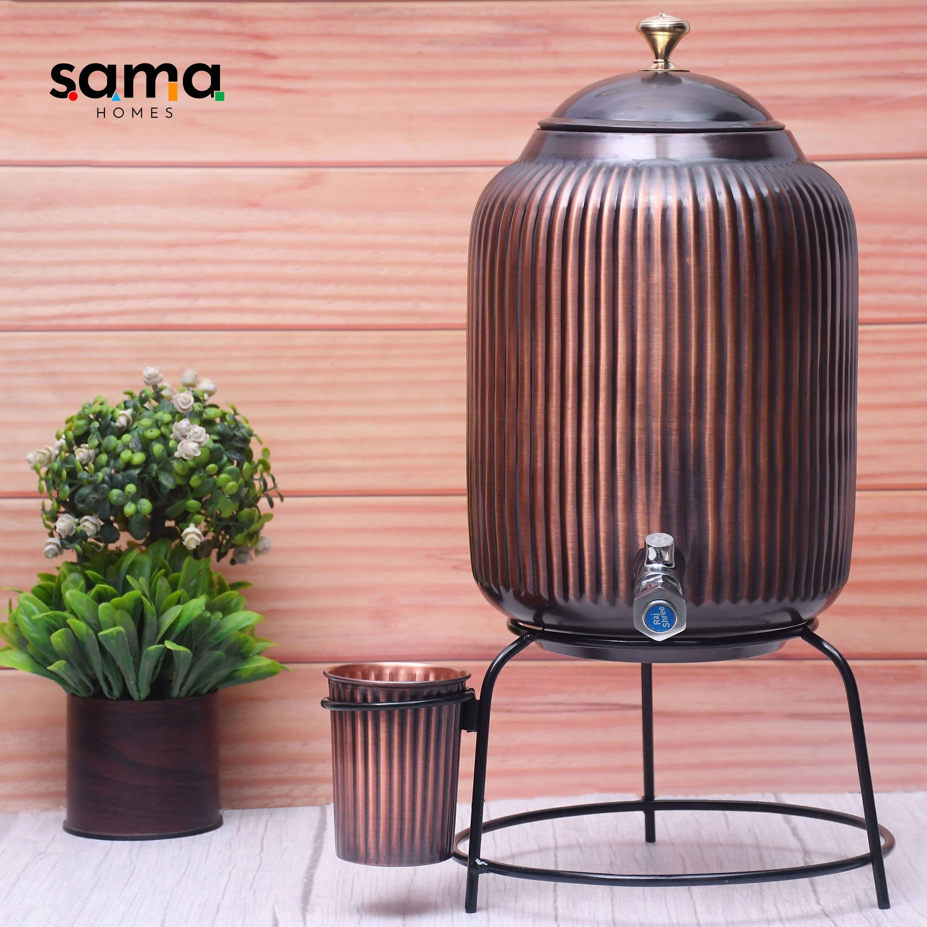 image-Pure Copper Water Dispenser with Glass & Stand – Antique Rope Design