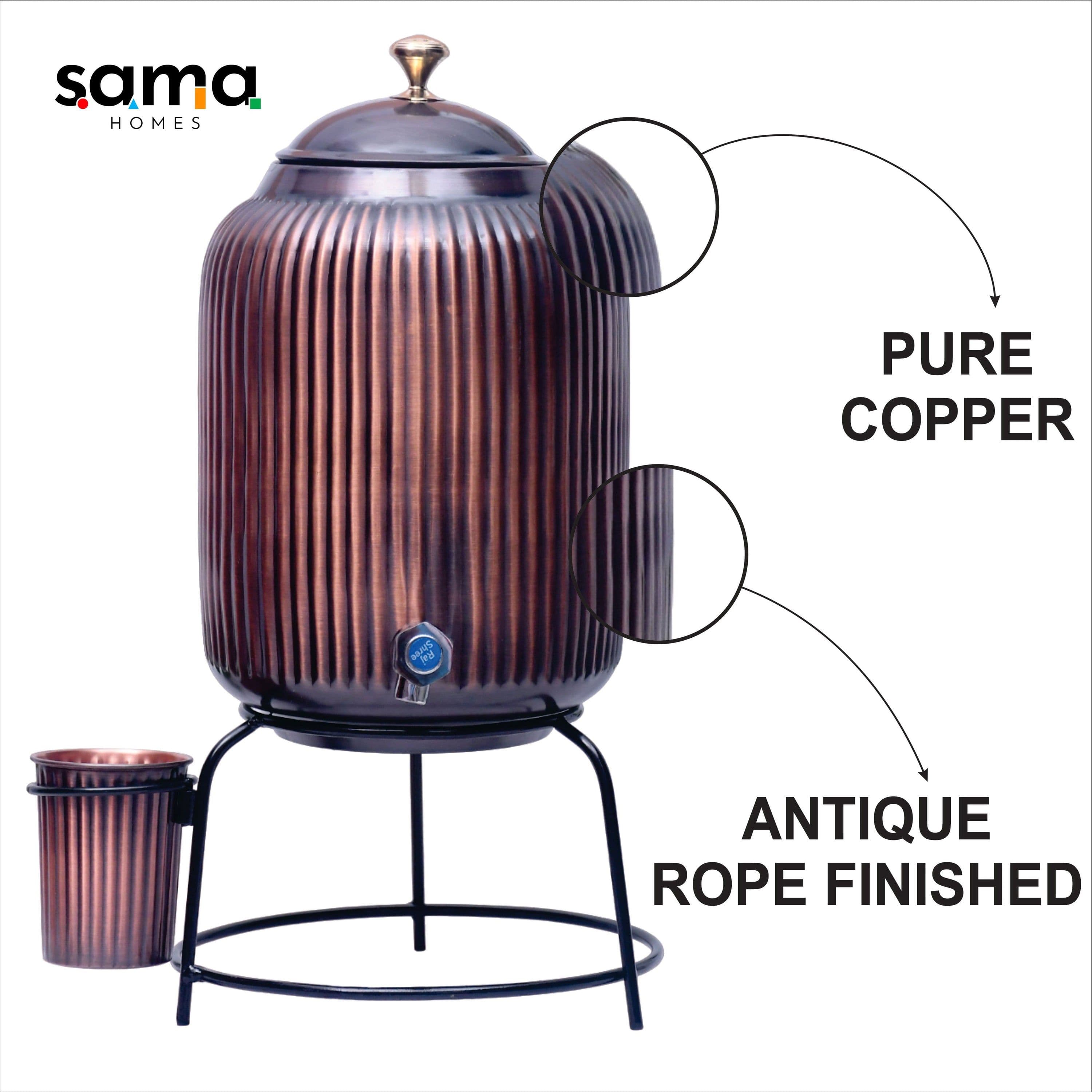 image-Pure Copper Water Dispenser with Glass & Stand – Antique Rope Design