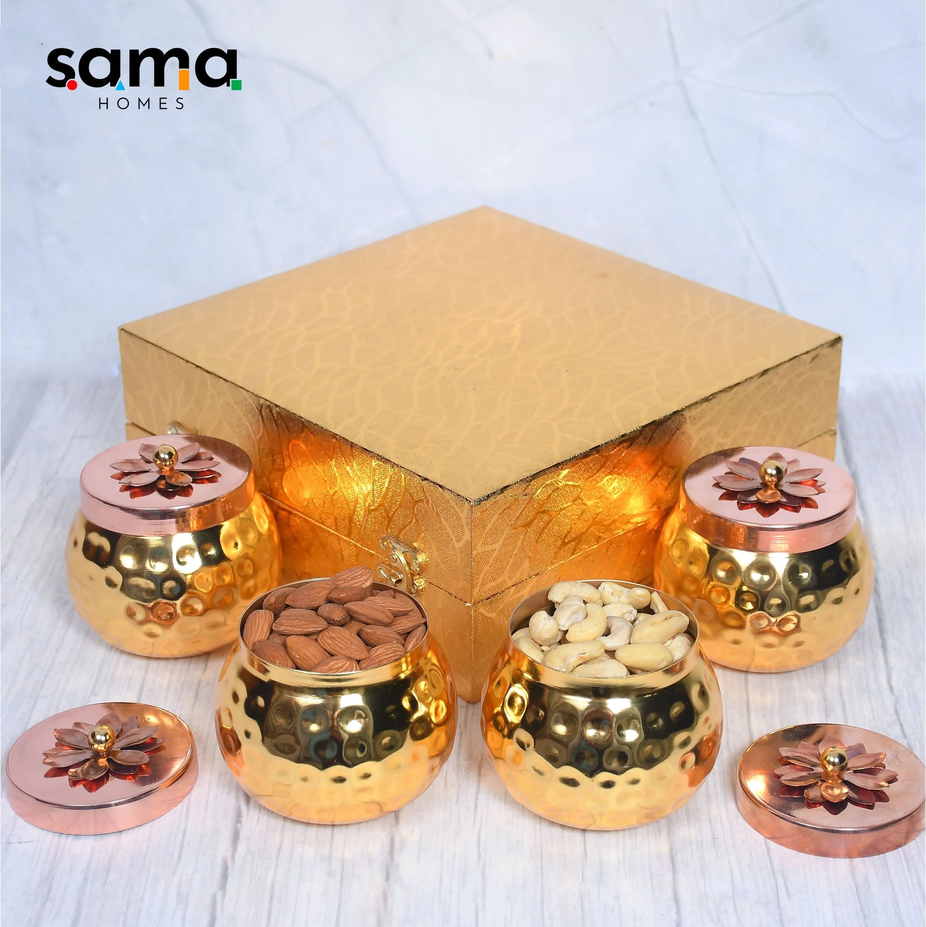 image-Exclusive Golden Hammered Dry-Fruit Pot with Gifting Box Set of 4