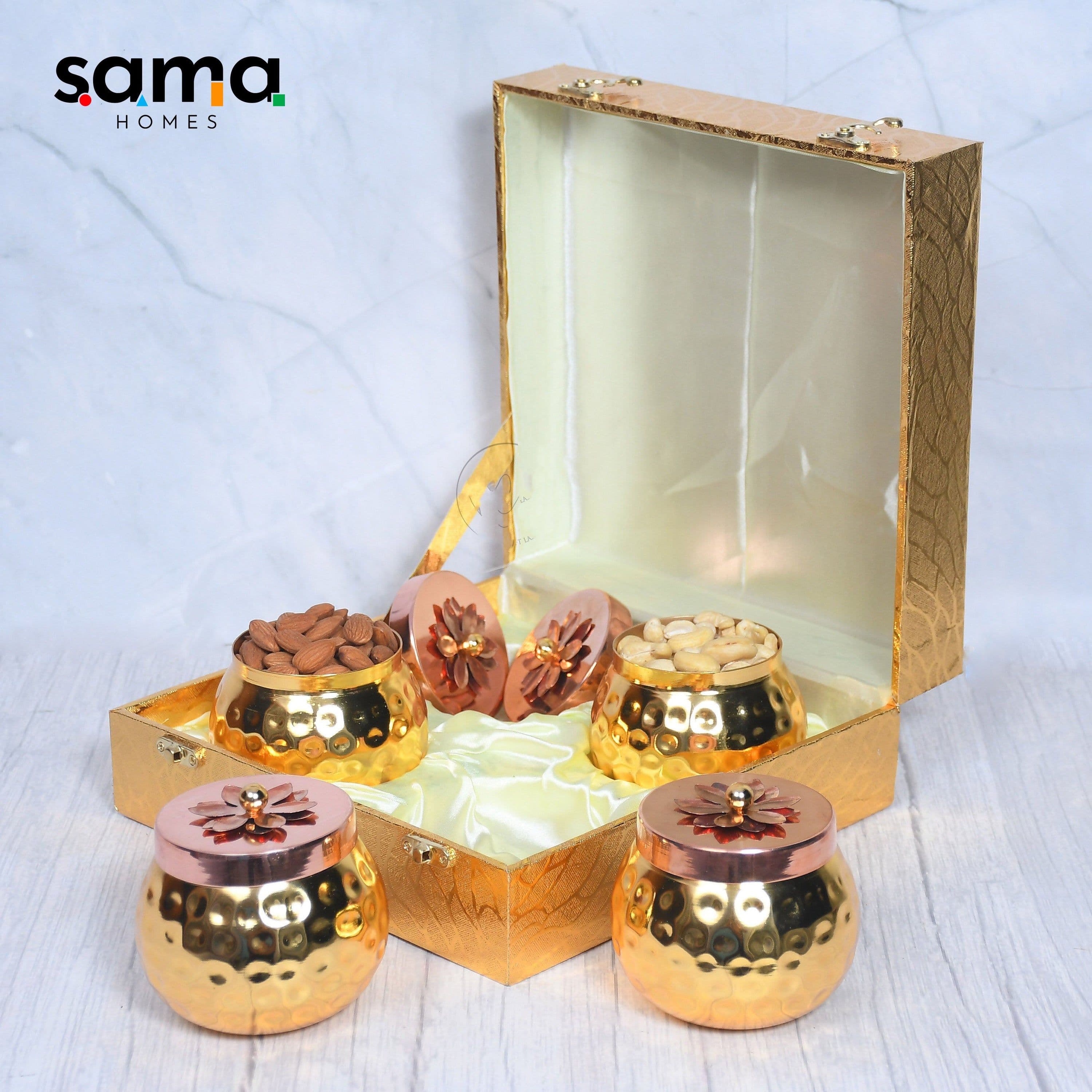 image-Exclusive Golden Hammered Dry-Fruit Pot with Gifting Box Set of 4