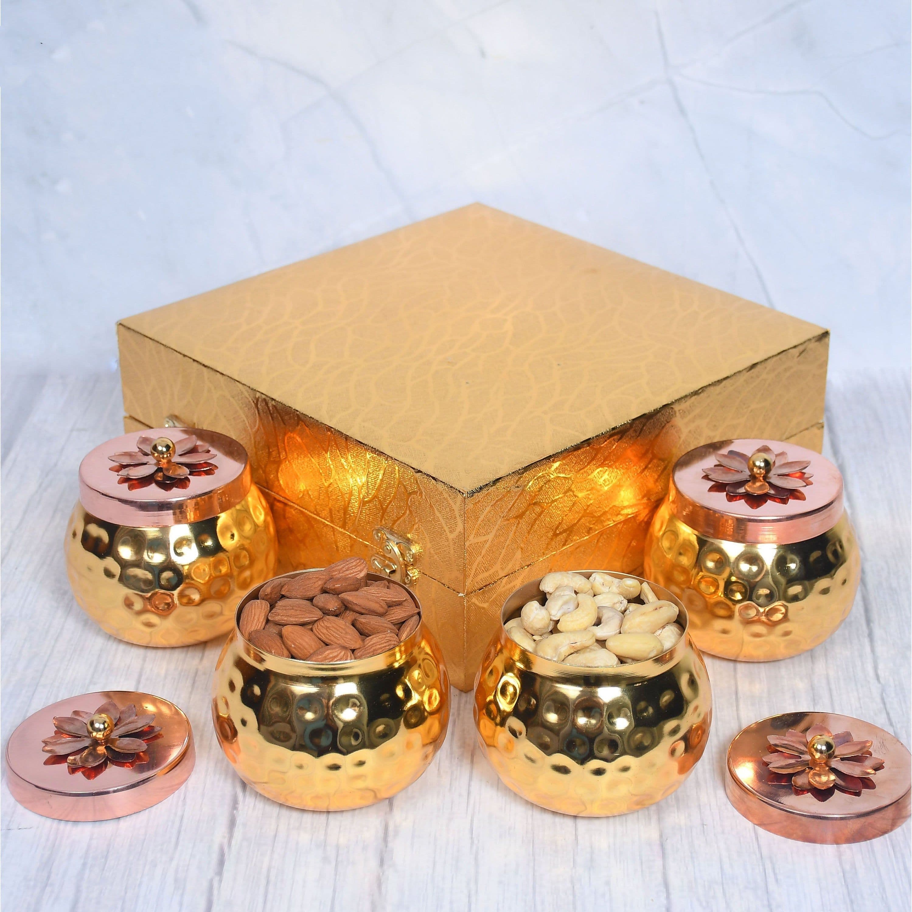 image-Exclusive Golden Hammered Dry-Fruit Pot with Gifting Box Set of 4