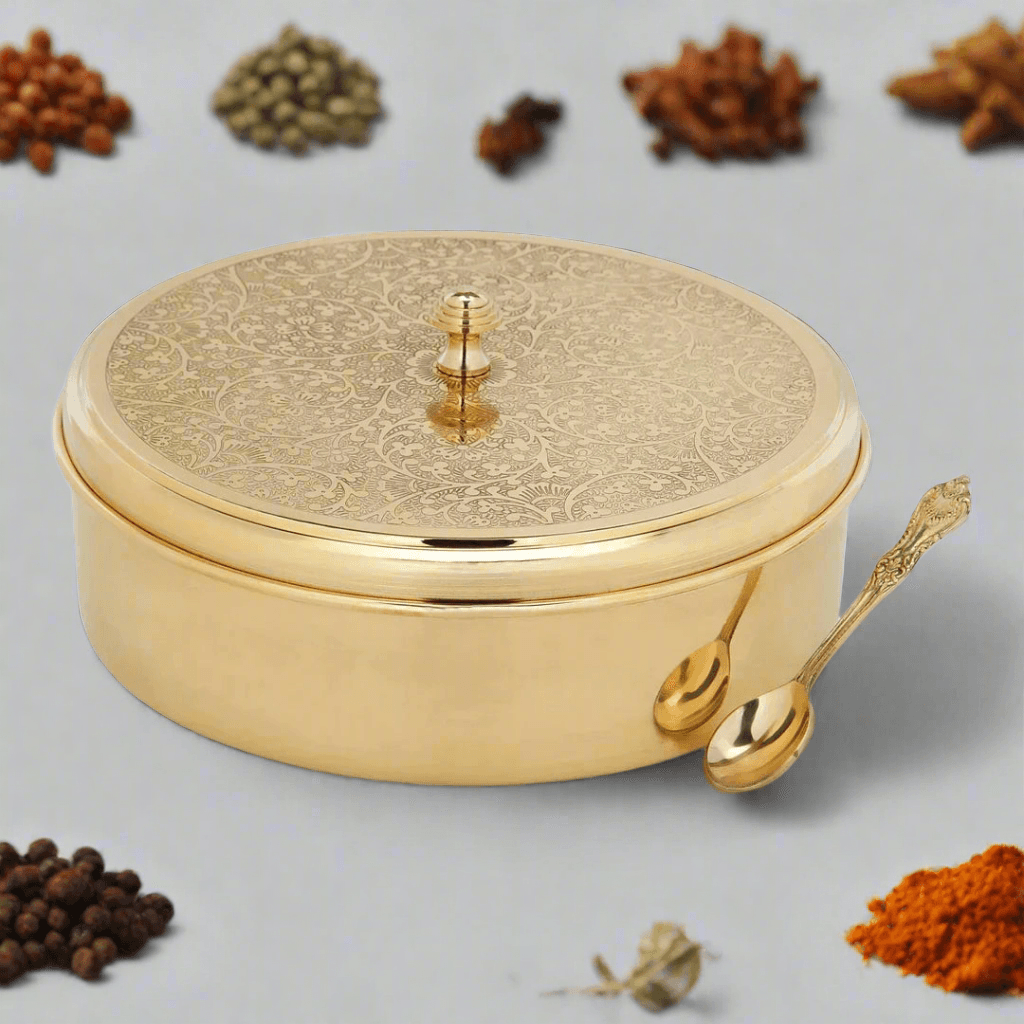 image-Handcrafted Antique Brass Masala Box Set for Kitchen with Spoon (7