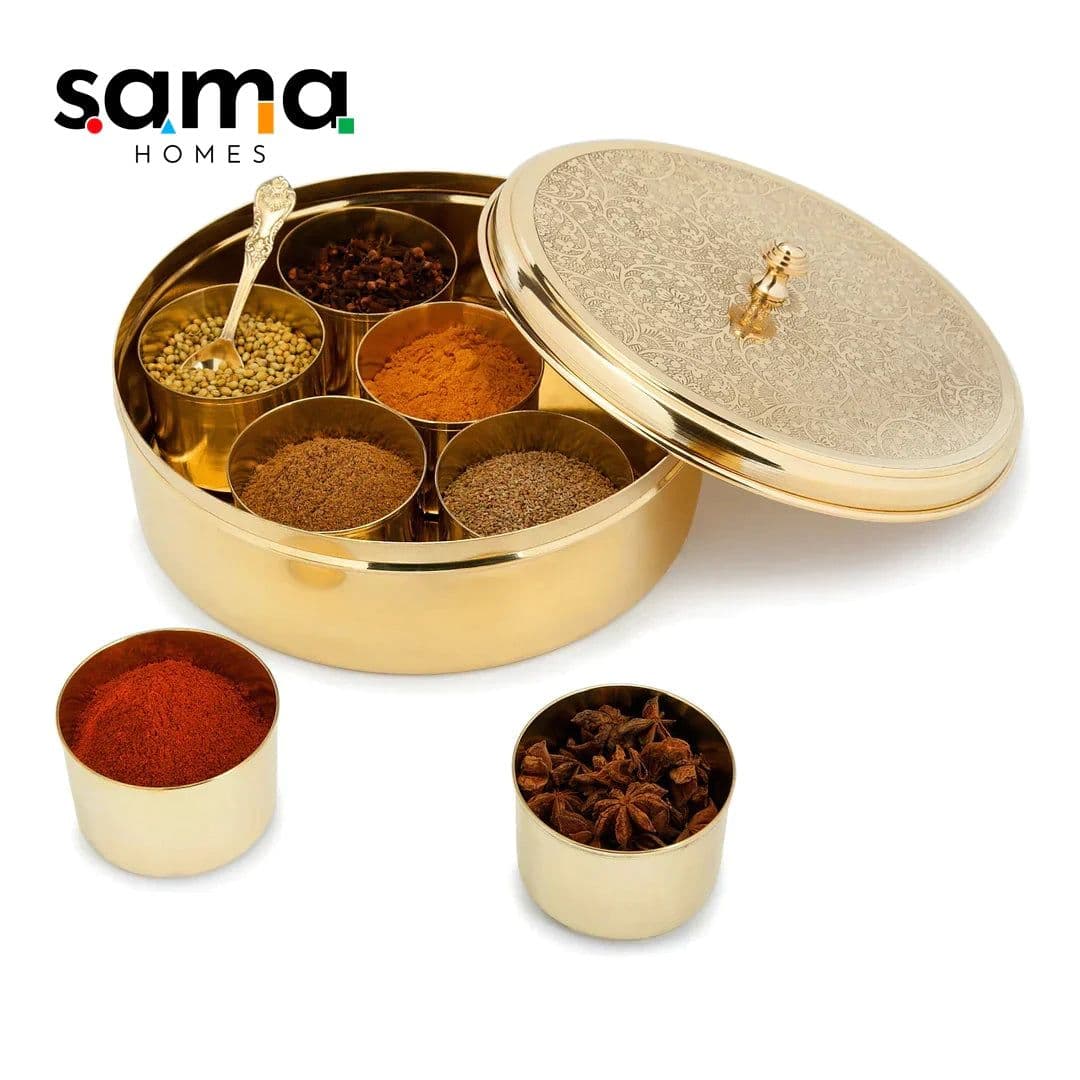image-Handcrafted Antique Brass Masala Box Set for Kitchen with Spoon (7