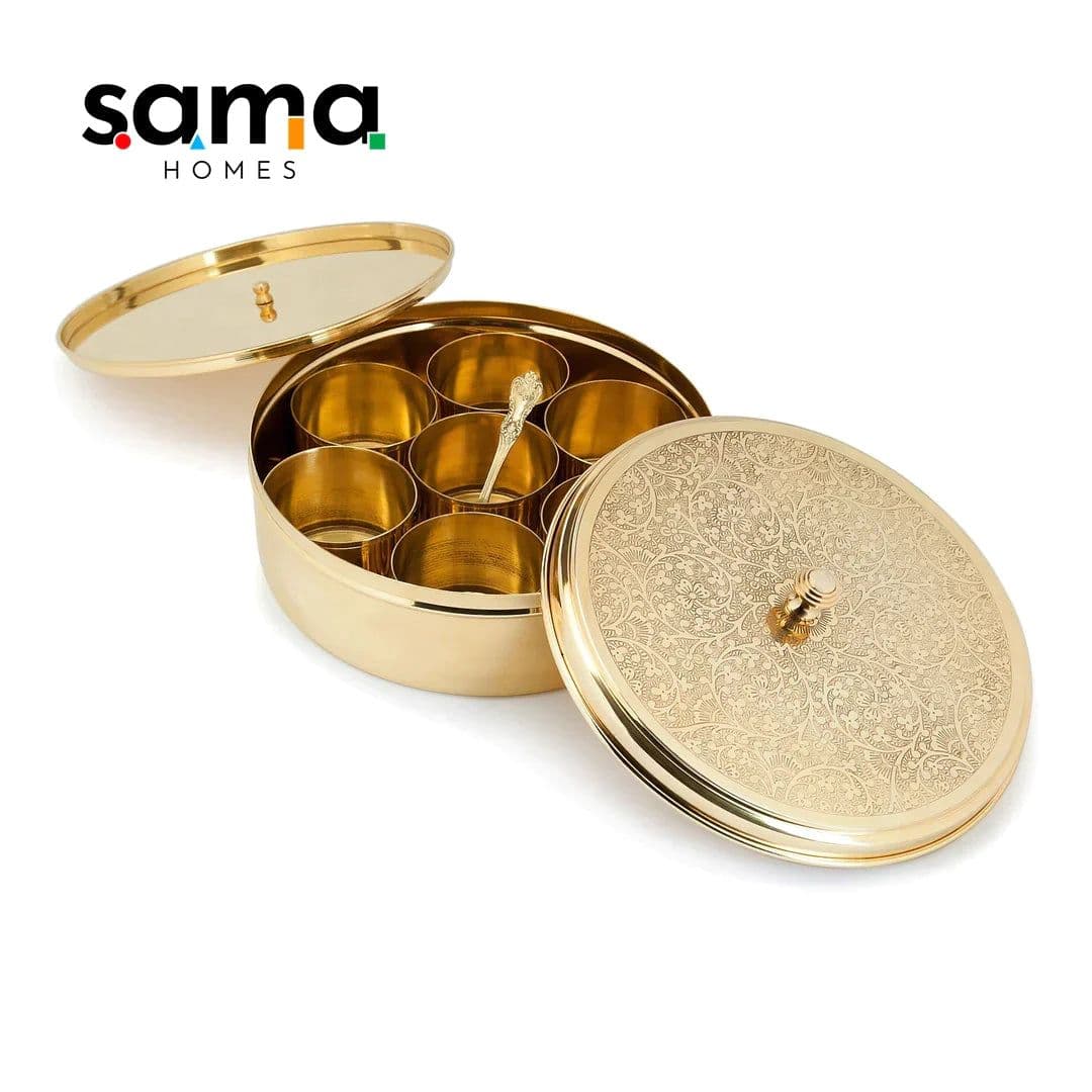 image-Handcrafted Antique Brass Masala Box Set for Kitchen with Spoon (7