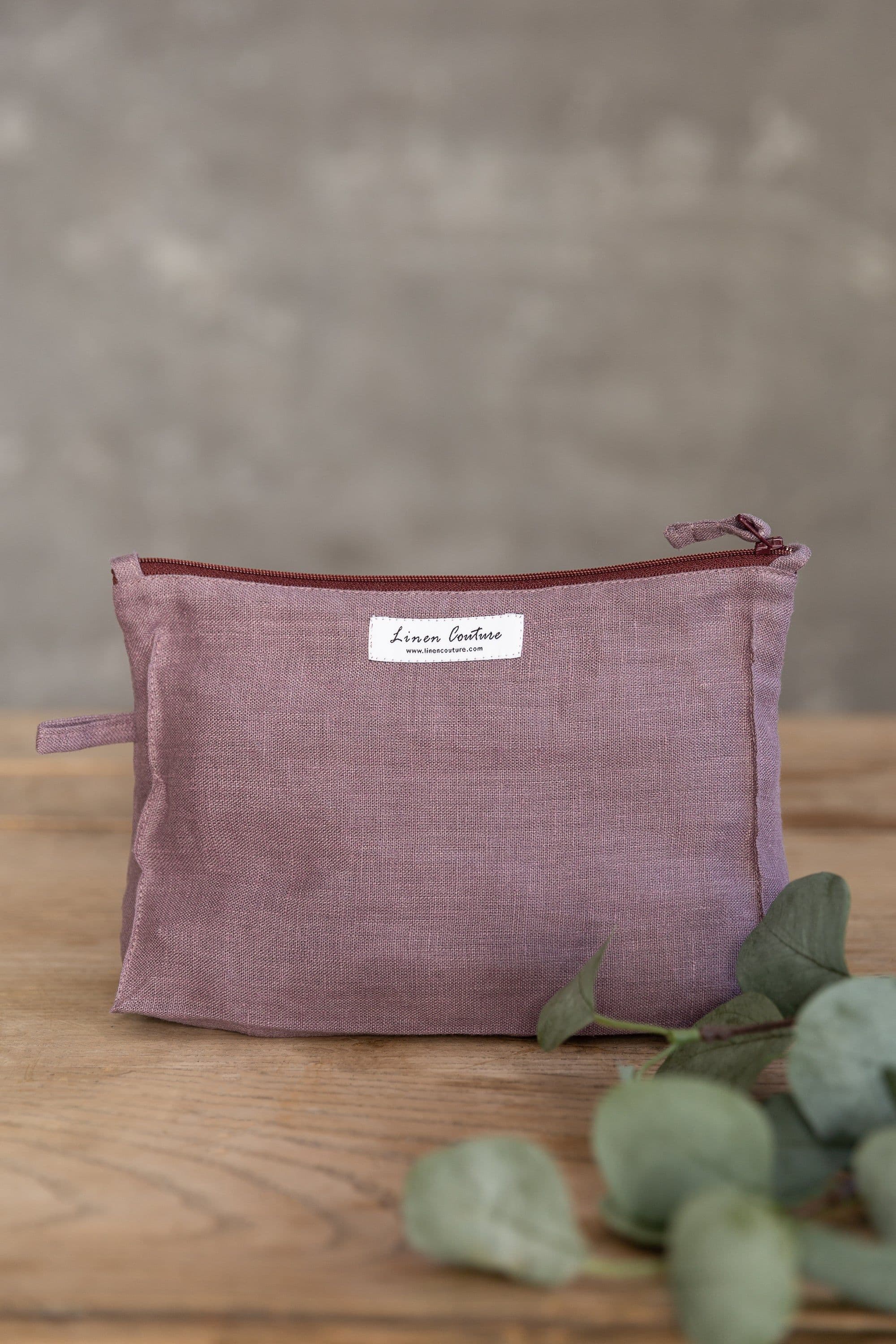 image-Pastel Plum linen large makeup bag with zipper